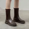 Frauen Stiefel Hot Echtes Leder Büro Dame Slip-on Chelsea Mode Knöchel Runde Nase Flache mit Schuhe Plattform 220607