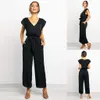 Été femmes noir plaine combinaison avec ceinture Femme élégant sans manches col en V plissé body bureau dame fermeture éclair combinaisons