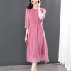 8699 # YM 새로운 여름 여성 캐주얼 드레스 라운드 칼라 하프 슬리브 인쇄 숙녀 느슨한 패션 드레스 핑크 M-XXXL