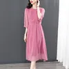 8699 # YM nuove donne estive abiti casual colletto tondo mezza manica stampa abito da donna allentato rosa M-XXXL