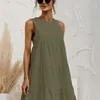 Yaz kadınlar yelek elbisesi pamuk o boyun kolu katı midi dikiş büyük salıncak rahat gevşek sundress vestidos 220630