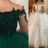 2020 Goedkope Champagne Prinses Bloem Meisjes Jurken voor Wedding Off Shoulder Kant Tulle Puffy Party Children for Birthday Girl Pageant Towns