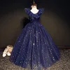 2022 Vintage Flower Girl Dresses With Gold Lace Appliced ​​Wedding Party Tutu Kids Birthday Dresses Sequined Girls Pageant Blue Bingbling Princess klänningar