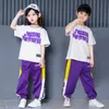 Kläder set hiphop kläder set för pojkar tonårsflickor bomull kort ärm tee skjorta lila byxa två bitar träning löst kläder