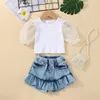 Clothing Sets Summer Fashion Girls Lace Bubble Sleeve Set 2022 Children's Ruffle Off Shoulder Top Denim Shorts Casual Two-piece SetCloth