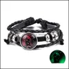 Other Bracelets Jewelry New Arrival 12 Constellations Luminous Bracelet Punk Black Leather Zodiac Alloy Bead Snap Buttons Charm For Women An