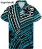 Doginthehole Casual losse Hawaii-shirts voor heren met korte mouwen Blauw Polynesisch tribal patroon Zomerstrandshirt Comfortabel 220705