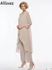 3 Pieces Elegant Chiffon Mother Of The Bride Dresses Suits Set With Long Sleeve Jacket Cape Full Length Pants Summer Wedding Mother Formal Party Wear Simple CL0820