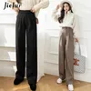 Jielur Pantaloni di lana a gamba larga Pantaloni neri kaki invernali da donna in stile coreano Vita alta Pantaloni larghi dritti lavati lunghi 220325