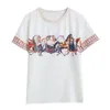 Designer vintage camiseta verão manga curta casual escritório senhoras camiseta chique impresso tecido meninas topo gráfico t