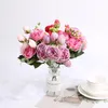 30cm Rose Pink Silk Peony Artificial Flowers Bouquet 5 Big Head and 4 Bud Fake Flowers for Home Wedding Decoration