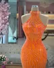 Robe de bal sirène perlée Orange, col haut, cristal, sans manches, robes de soirée formelles, robes de soirée avec traîne