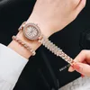 Montres-bracelets Montre de luxe Femmes Or Rose Plein Diamant Fleurs Dames Poignet Élégant 2pcs Ensemble Bracelet Montres Cadeau Relogio FemininoWristwatc