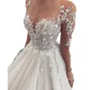 Splendido abito da sposa in pizzo Perle che bordano 2022 Maniche lunghe trasparenti Abiti da sposa sexy country Boho Abiti da sposa in tulle con illusione su misura