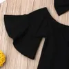 キッズ3ピースセットガール服から肩のフリルTシャツデニムジーンズヒョウパンツヘッドバンドの衣装