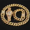 Hip Hop Rose Gold Chain Cuban Link Armband Halsband Iced Out Quartz Watch kvinna och män Smyckesset present