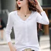 TuangBiang Fashion V-Neck Women Cotton T-Shirts Two Pockets Loose Autumn Tshirt Coffee Korean High Quality Long Sleeve Tops 220407