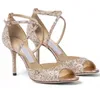 ماركات الأزياء الصيفية Emsy Sandals Women Women Crossover Straps High Cheels Lady Strappy Glitter Leather Pumps Party Wedding with Box Styles Styles