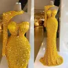 Luxury Evening Dresses Bright Yellow Sequins Beads Halter Long Sleeves Prom Dress Formal Party Gowns Custom Made Sweep Train Robe de mariee BC12868