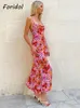 Foridol Backless Criss-cross Red Long Floral Dress Robe Female Sundress Sleeveless Boho Maxi Spaghetti Strap Lady Elegant Dress 220511