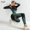 2 PC Manga Longa Ginásio Cropped Top Sem costura Leggings Yoga Set Workout roupas Mulheres Esporte Terno Fitness Sports Sportswear 220330