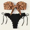 Beach Bikini Woman Sexy Front Lace Up Tie Strapless Leopard Swimsuit Female Push Up Ruffled Bow Bathing Suit Thong Swimwear 220527