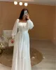 Eenvoudige Witte Zijde Avondjurken Puffy Lange Mouwen Vierkante Hals Dubai Vrouwen Formele Prom Jassen Plus Size Feestjurk 2022