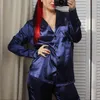 Hiloc Pocket Одиночная грудь Satin Nightwear Сексуальные два куска с длинными рукавами Домашний костюм для женщин Пижама Сплошные весенние наборы 2021 L220803