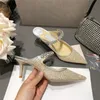 Women Sandals Designers Rhinestone Heels Flat Half Slippers Leather Lined Glitter Tulle Mules Pointed Toe High Heel with Box Size 35-40