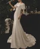 Nieuwe elegante eenvoudige zeemeermin trouwjurk 2022 vierkante nek satijn Koreaanse vintage bubbel korte mouw sweep trein Vestido de noiva robe de mariage