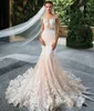 Abiti da sposa a sirena modesti di capodanno Abito da sposa lungo senza schienale Cristalli di perline Applique di pizzo sexy Sweep Train Custom Made Africano Plus Size Vestido De Novia