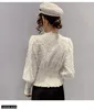 Nieuwe mode damesherfst v-hals kanten patchwork lange mouwen slanke taille single-breasted blouse shirt SMLXL