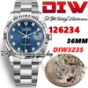 DIWF diw126234 SA3235 Automatische Herrenuhr 36 mm geriffelte Lünette blaues Zifferblatt Diamanten Marker 904L Oystersteel Armband mit gleicher Seriennummer Garantiekarte Ewigkeitsuhren
