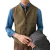 Męskie kamizelki ślubne armia Zielona Herringbone Brown wełna Tweed Kołnierz Męski dżentelmen Business Waistcoat Chalecosmen's Phin22