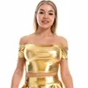 Summer Sexy Slash Neck Off Shoulder Metallic Crop Top Glitter Holographic Tank Short Vest Women Rave Festival Clubwear 220325