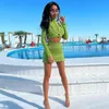 Work Dresses Y-L Green Two Pieces Sets Skirts Women Autumn Hollow Out Slim Turtleneck Long Sleeve Crop Top Bodycon Sexy Ruched Mini Skirt