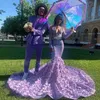 2022 Stunning Lilac Mermaid Prom Dresses Rose Flower Bottom Gradaution Evening Gown Deep V Neck Full Sleeve Females Girls Party Dress C0418