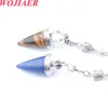 WOJIAER Wholesale Natural Stone Cone Pendant Pendulums 7 Chakras Chain Reiki Healing Crystal 3D Buddha Pendule BO903