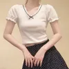 Wit T-shirt voor zoete meid Lint Lace Trim V-Neck Bowknot Puff Sleeve Slim katoenen T-shirt Kawaii Design Summer Tops 220525