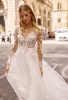 2022 Berta Beach Wedding Dresses V Neck Long Sleeves Lumbar Lace Bridal Gown Backless High Split Ruffle Sweep Train Robes De