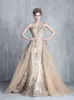 2022 New Elegant Champagne Sirène Arabe Robes De Soirée Sheer Cou Appliques Balayage Train Overskirt Tony Chaaya Robes De Soirée De Bal Personnalisé