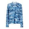 Yedinas Tie Dye Blue Mesh Top Long Sleeve T Shirt Women Turtleneck See Through Tshirt Designer Y2k Fashion Spring Autumn 220328