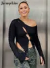Jacqueline Green Cut Out Out One One Shoulder Women Crop Top Y2K Jacquard gebreide T Shirts Long Sleeve Street Fashion Summer Tees 220510