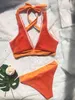 2022 Orange Splicing Halter V Neck Bikini Femme Maillot De Bain Femmes Maillots De Bain Deux Pièces Bikini Set Bather Maillot De Bain Swim Y220420