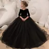 Black Flower Girls Dresses Long Sleeves with Pearls Beads First Holy Communion Dresses V Neck Lace Ball Gown Girls Pageant Gowns