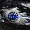 Armbanduhren ausgestoßen kubische Zirkonia Uhr Blue Face Hip Hop Mode hochwertige Diamantarmband Edelstahl Quarz Uhr für mich