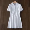 Designer Women Polo Collar New Pure Color White/black/blue Sport Waist Slim Dress Summer Cotton T-shirt Skirt