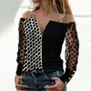 Lace Blouse Women Long Sleeves V-neck Zipper Patchwork Top Spring Autumn Casual Slim Fit Blouses Office Elegant Ladies Sexy Tops 220407