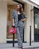 Fashion Black White Plaid Blazer Suits Street Power Slim Fit Pencil Pants Evening Party Outfit Wedding Wear 2 Pieces