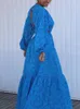 TRAF Bleu Cutwork Robe Longue Femmes Broderie Maxi Robe Femme D'été Dos Nu Femme Robe À Manches Longues Robes Décontractées pour Femmes 220811